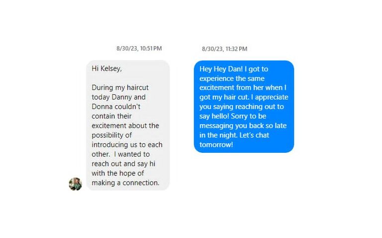 Dan and Kelsey's first messages