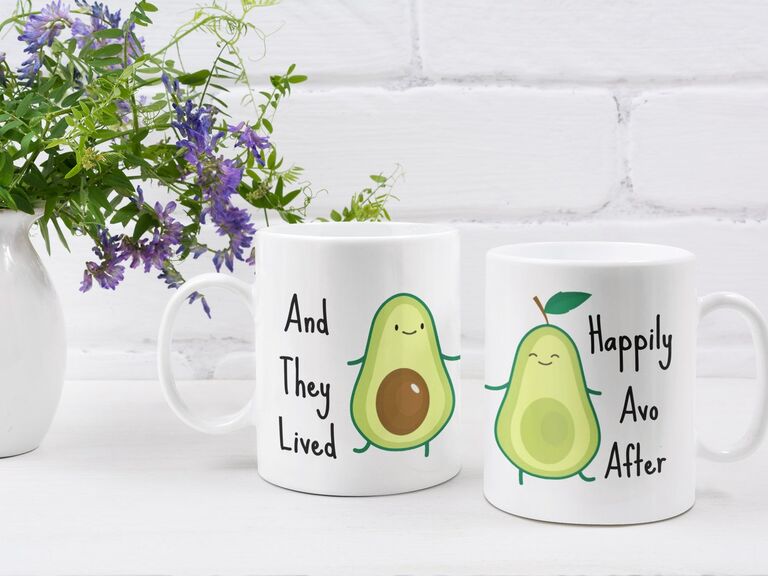 Funny avocado-themed matching mugs from Etsy