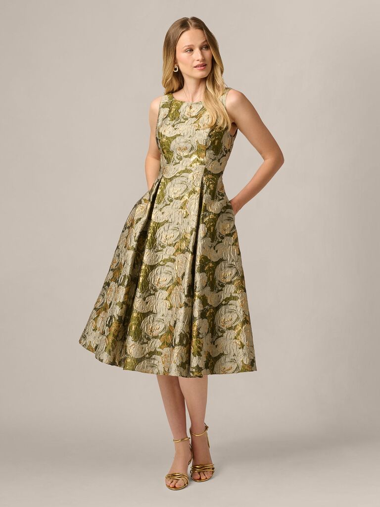 Adrianna Papell floral jacquard tea length cocktail wedding guest dress