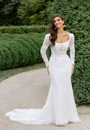 Chantilly Lace Fit and Flare Gown with Long Puff Sleeves