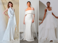 Collage of brides wearing sustainable wedding dresses. 