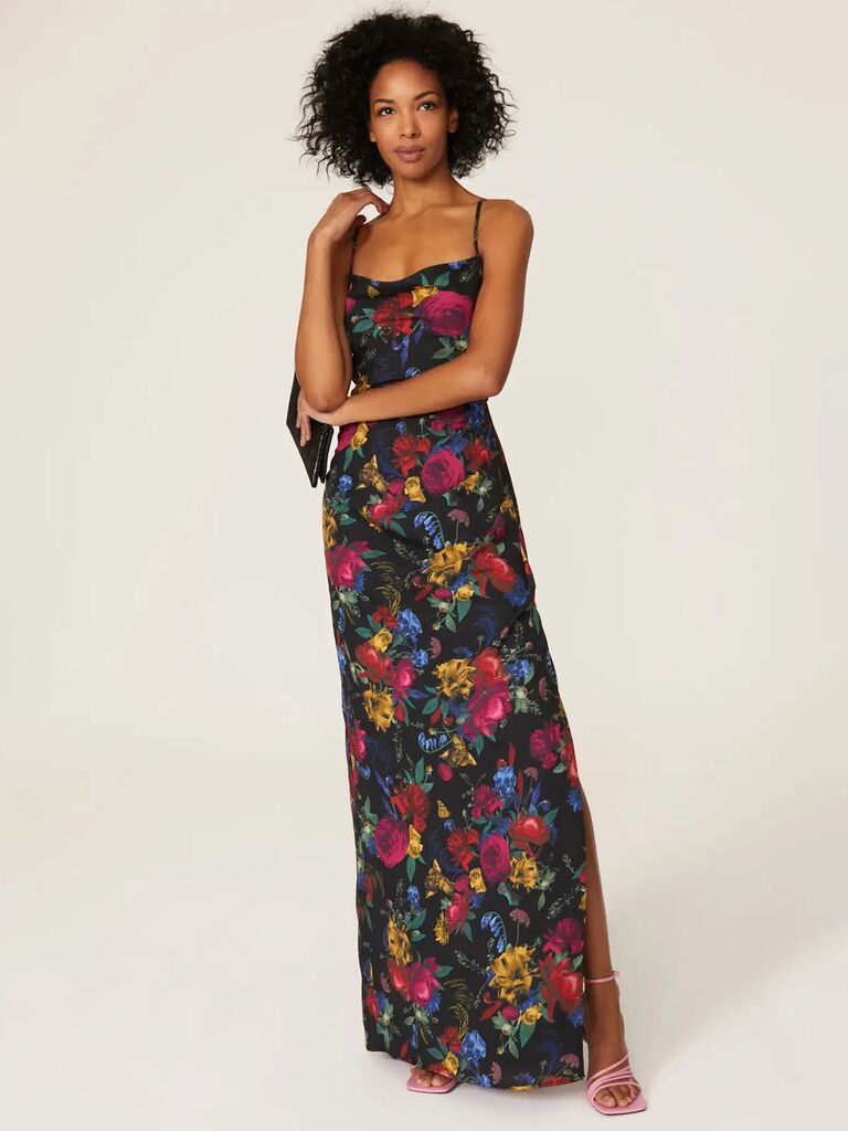 Hutch Rent the Runway wedding guest maxi dress with dark floral print