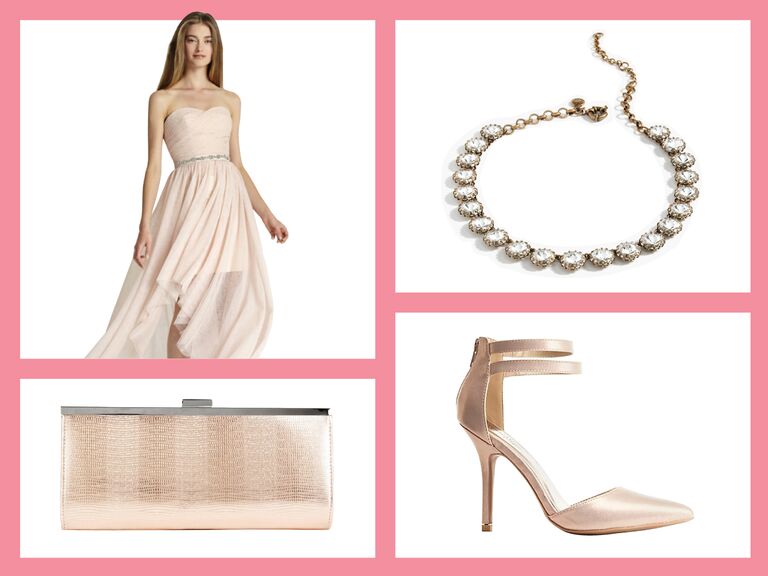 rose gold dress with silver shoes