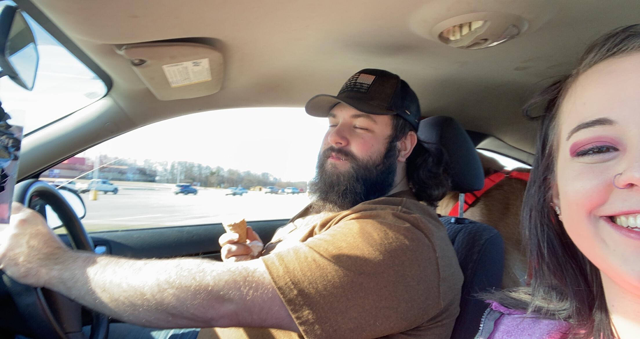 On one of our many road trips together!