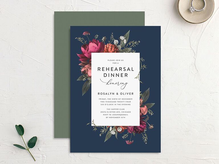 Colorful floral theme with navy background and details in white rectangle