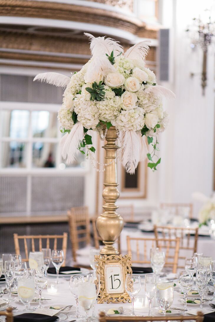 Tall White Rose And Feather Centerpieces