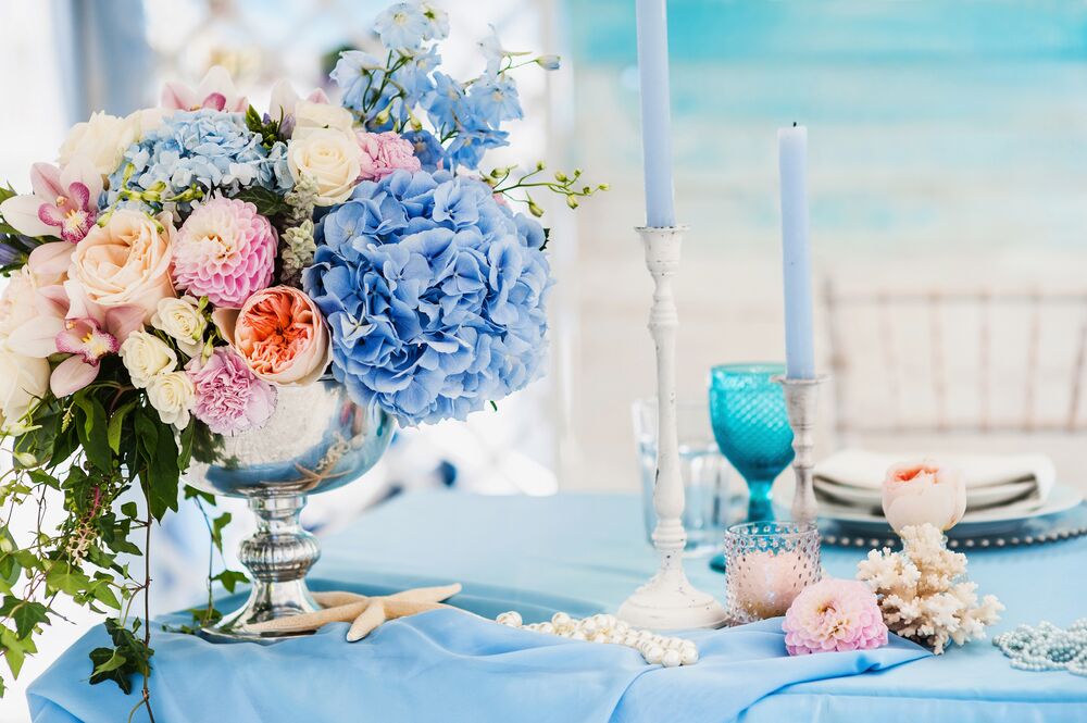 blue and white mamma mia party decorations