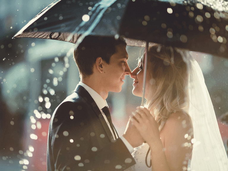Bride and groom under an umbrella while it's raining. 