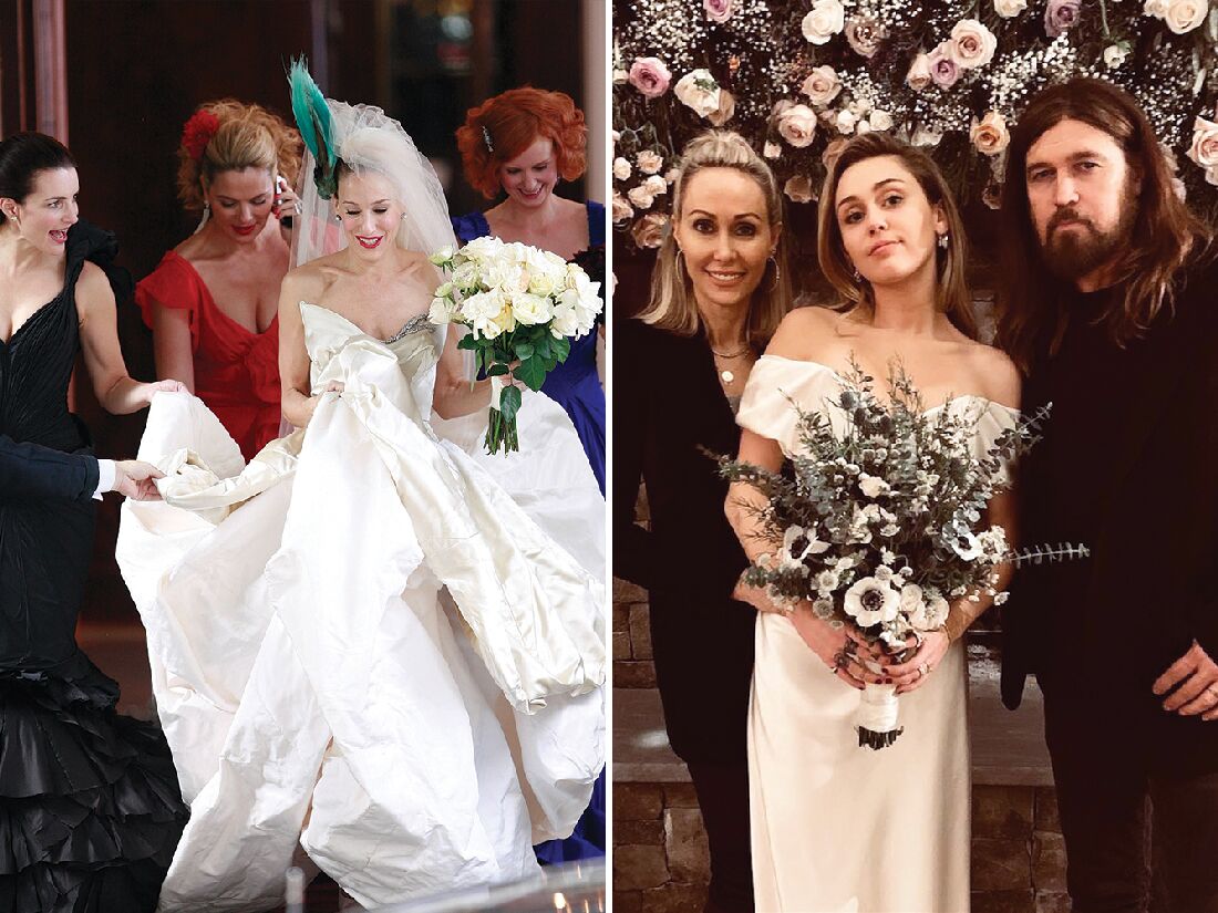 Collage of two celebrities wearing Vivienne Westwood dresses at their weddings. 