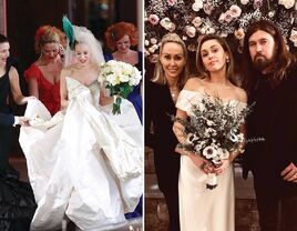 Collage of two celebrities wearing Vivienne Westwood dresses at their weddings. 