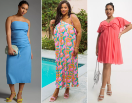 Collage of three plus size beach wedding guest dresses