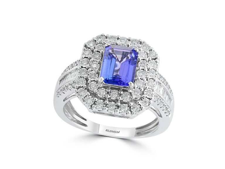 macy's emerald cut tanzanite engagement ring with double round diamond halo and round and rectangular shaped diamond sides