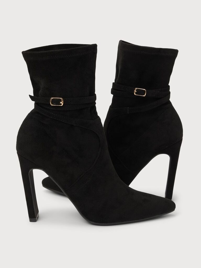 Lulus black faux suede booties winter wedding guest shoes