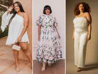 Collage of three models wearing plus-size wedding party dresses. 