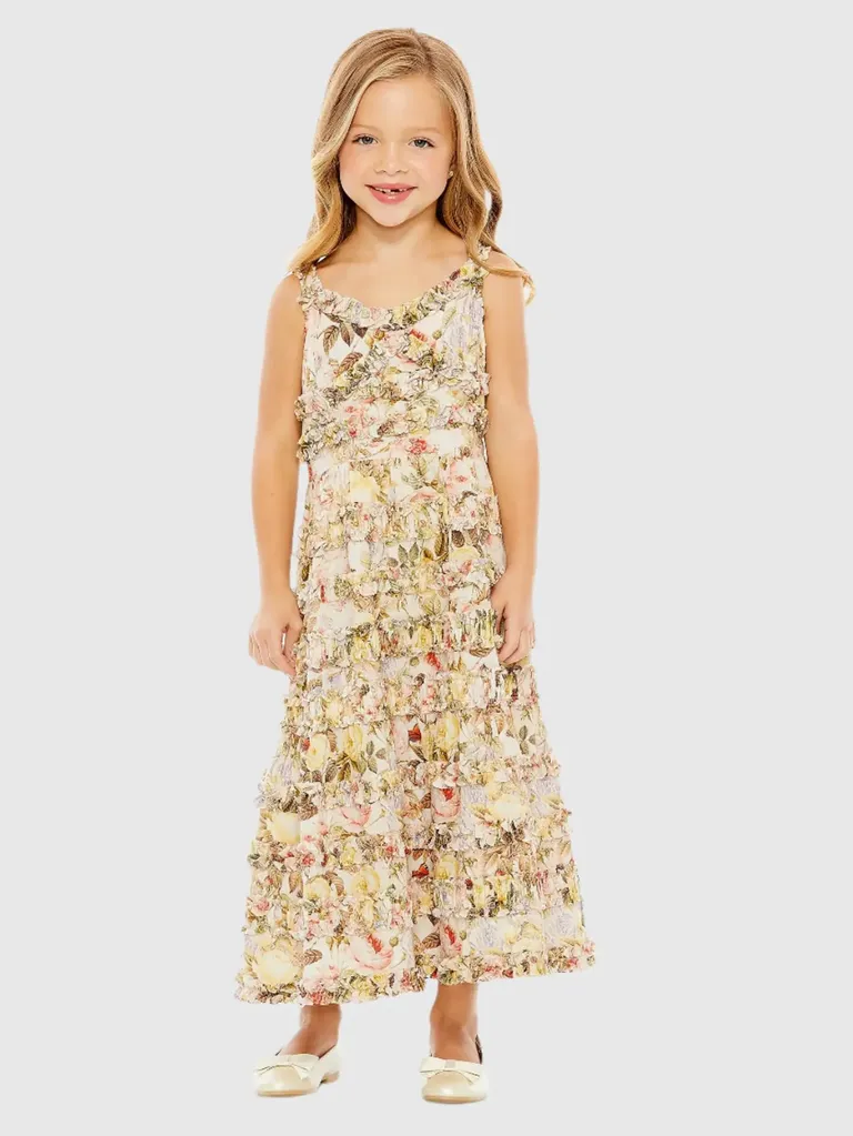 Beige floral girls ruffle mommy and me dress for wedding from Mac Duggal