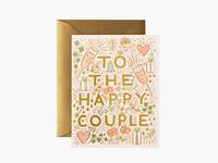 To the happy couple in gold minimal type with floral, presents, and heart graphics in pastel color palette