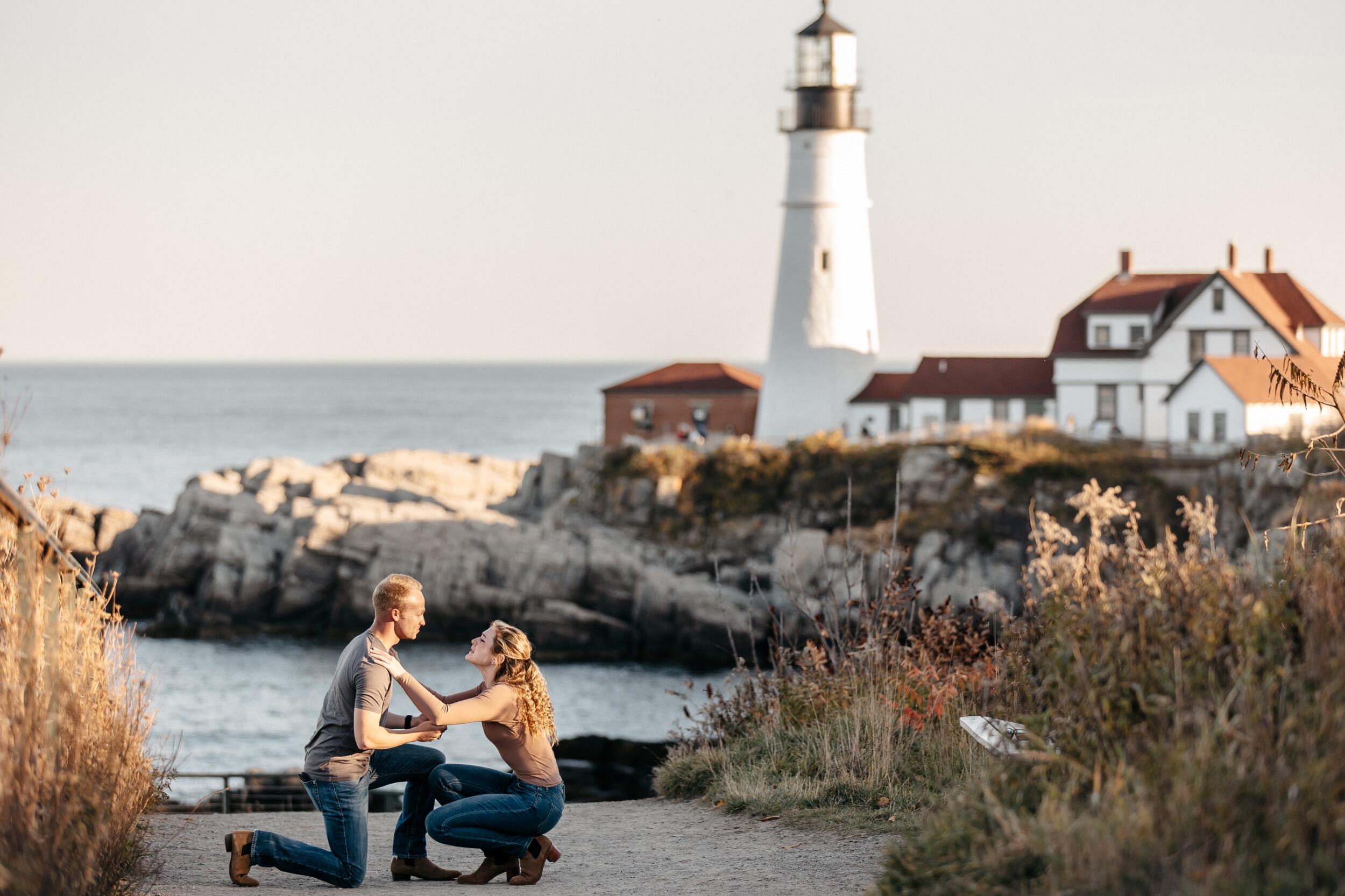 After another one of their memorable trips Ryan took Sam to the Portland Head Light, in Portland, Maine. While walking along the ocean bluffs at sunset, Ryan asked Sam to spend her life along side him. 
