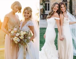 Collage of two celebrities serving as bridesmaids for their friends. 