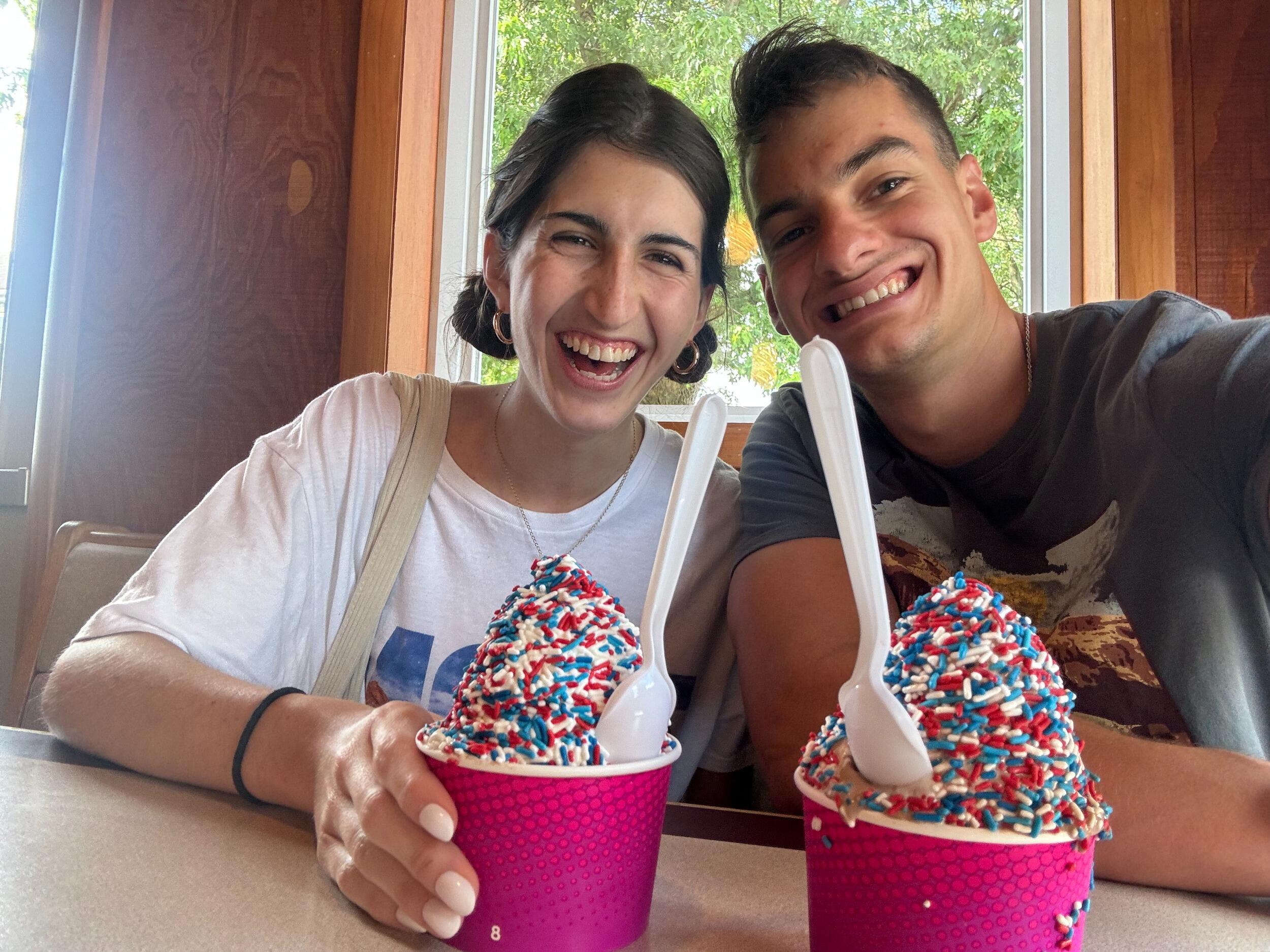 Nate surprising Jackie with an ice cream treat after she got off of work 