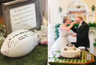 Collage of football wedding ideas including football wedding guest book and bride and groom eating football themed wedding cake 