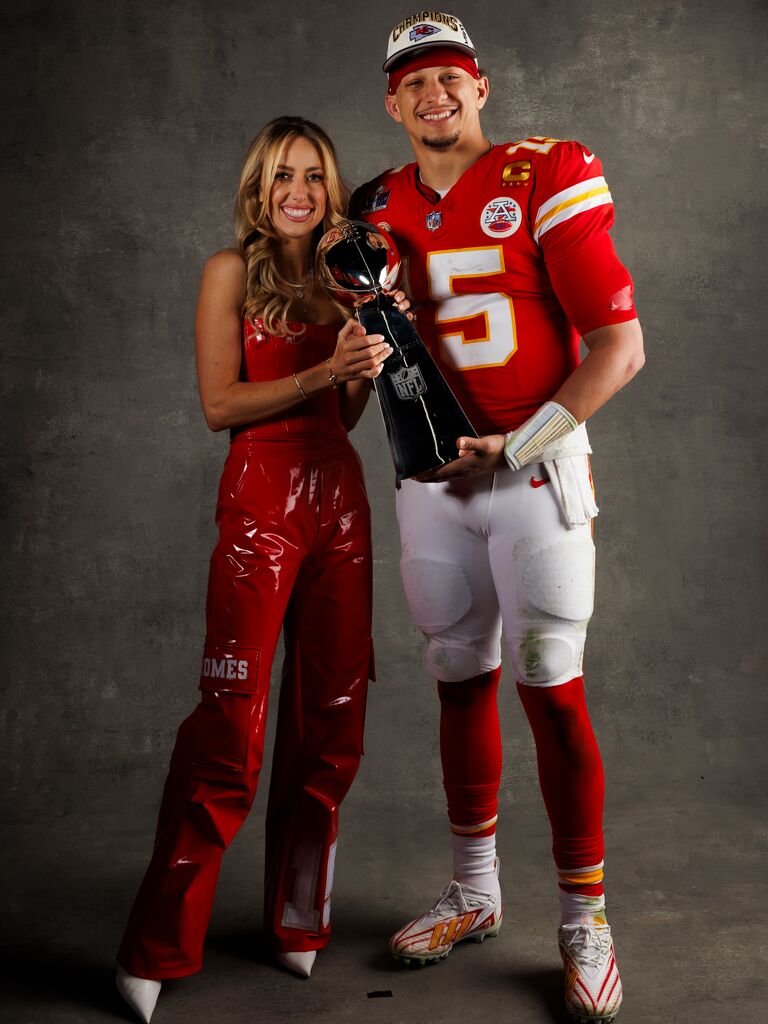 Patrick Mahomes and wife Brittany with the Super Bowl trophy
