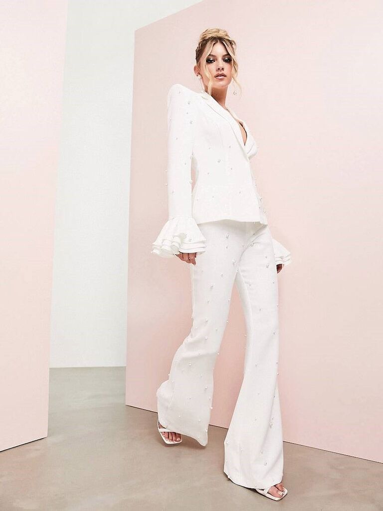 ASOS LUXE sheer lace flare pants in white - part of a set