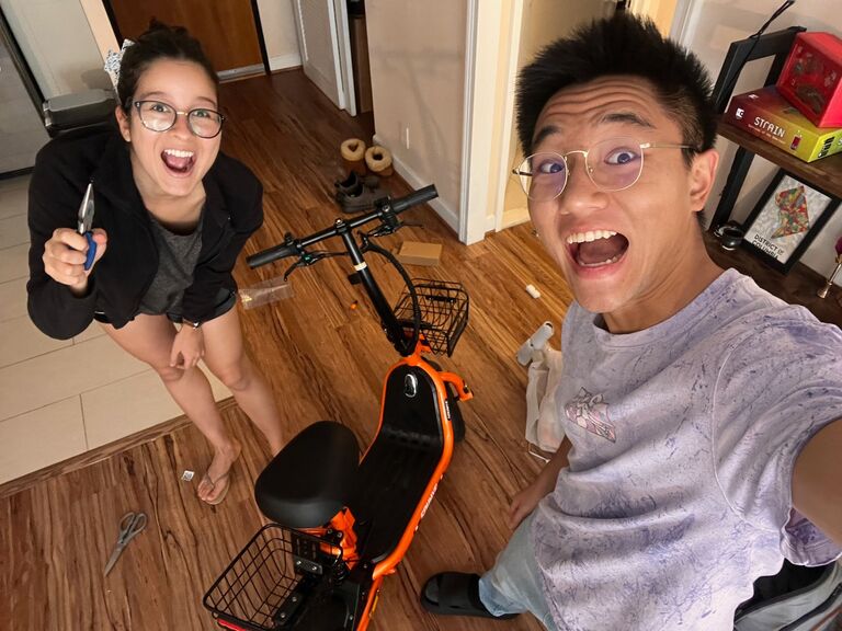 Kevin and Ingra buy their most prized possession, an electric bike lovingly nicknamed "Mandarina"