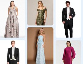 Collage of white tie wedding attire outfits for guests