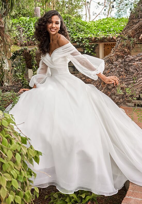 Wedding dress with off-the-shoulder bishop sleeves