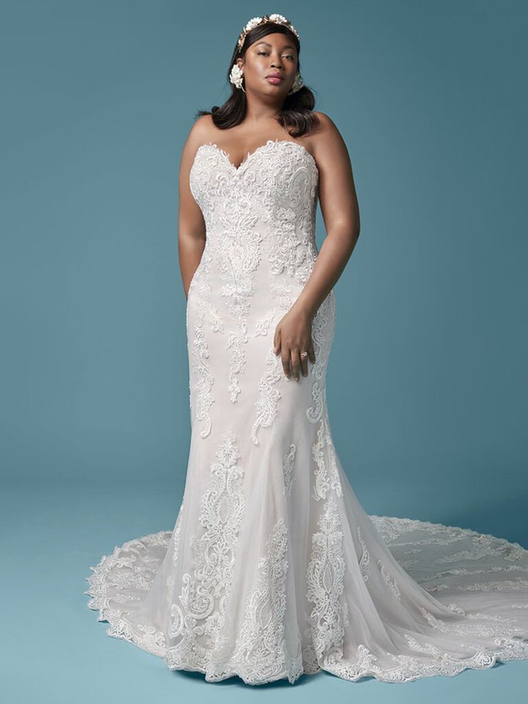maggie sottero ivory strapless wedding dress with sweetheart neckline allover lace and form fitting flowy skirt