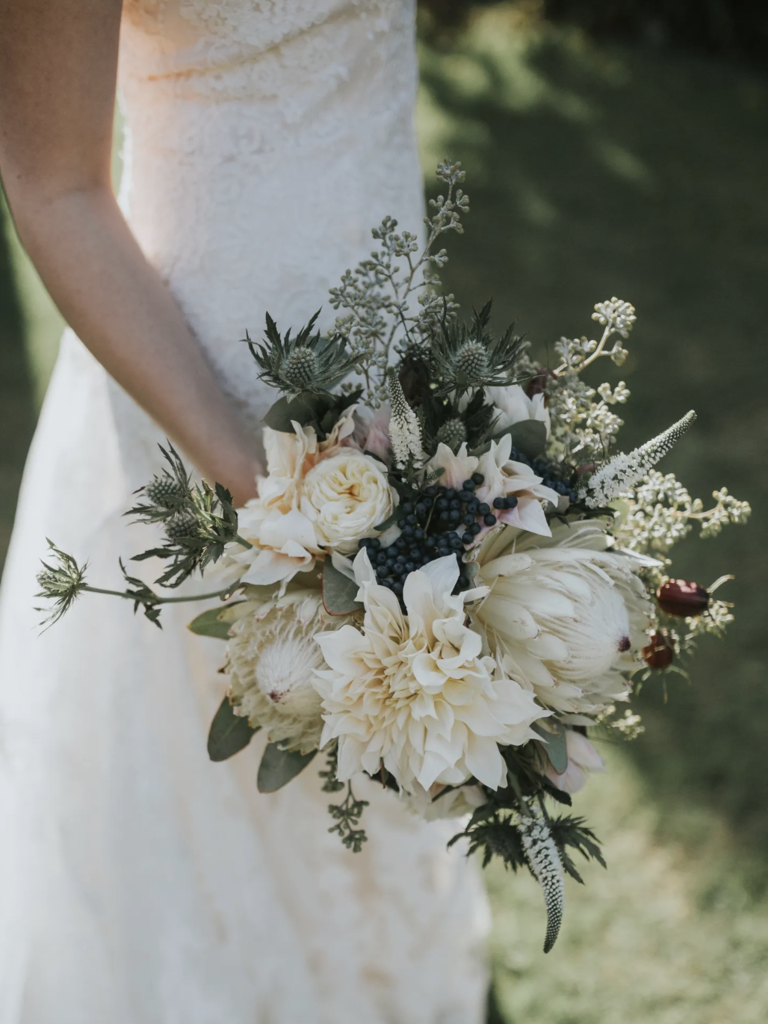 Cream Dahlia, King Protea and Thistle Bouquet