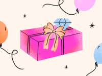 Illustration of wrapped present and balloons