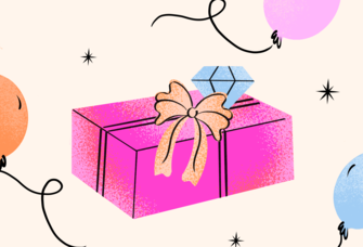 Illustration of wrapped present and balloons