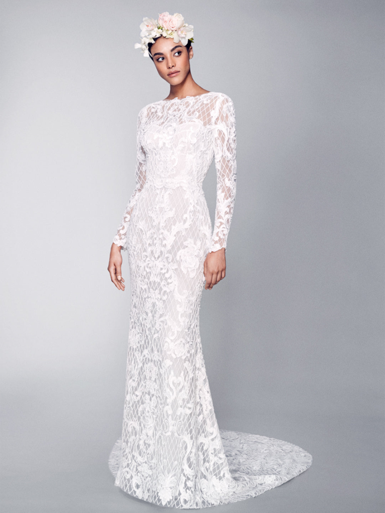 Boat neck long sleeve wedding dress best sale