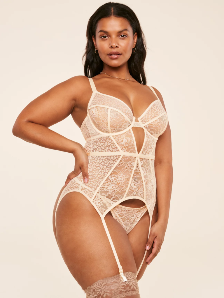 Adore Me beige unlined bustier and G-string bridal plus-size set