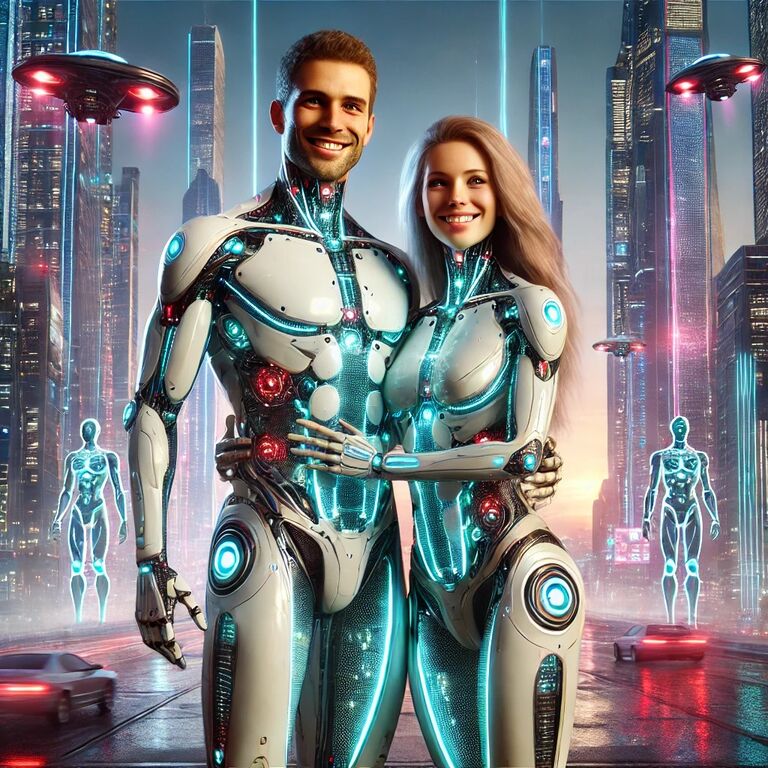 Nick and Megan (still smoking hot and married) are plugged into Earth's mainframe. Their frail human bodies have been augmented by energy tech, running on their love. Nick still thinks fart jokes are funny.