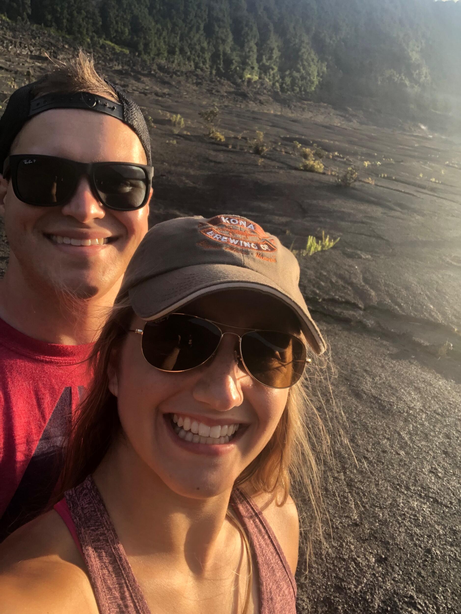 Volcanos National Park on The Big Island of Hawaii. Sadly, there was no molten lava after the 2018 eruption, but Nick and Marisa still enjoyed walking across a dormant volcano and seeing all the cooled lava it left behind!