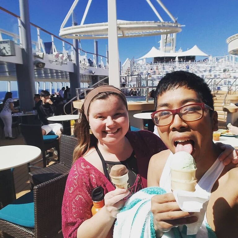 Having ice cream on "Rum and pineapple" day on the cruise.
