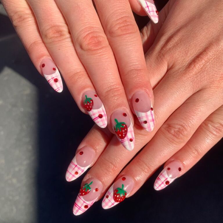 pink plaid and strawberry wedding nails design