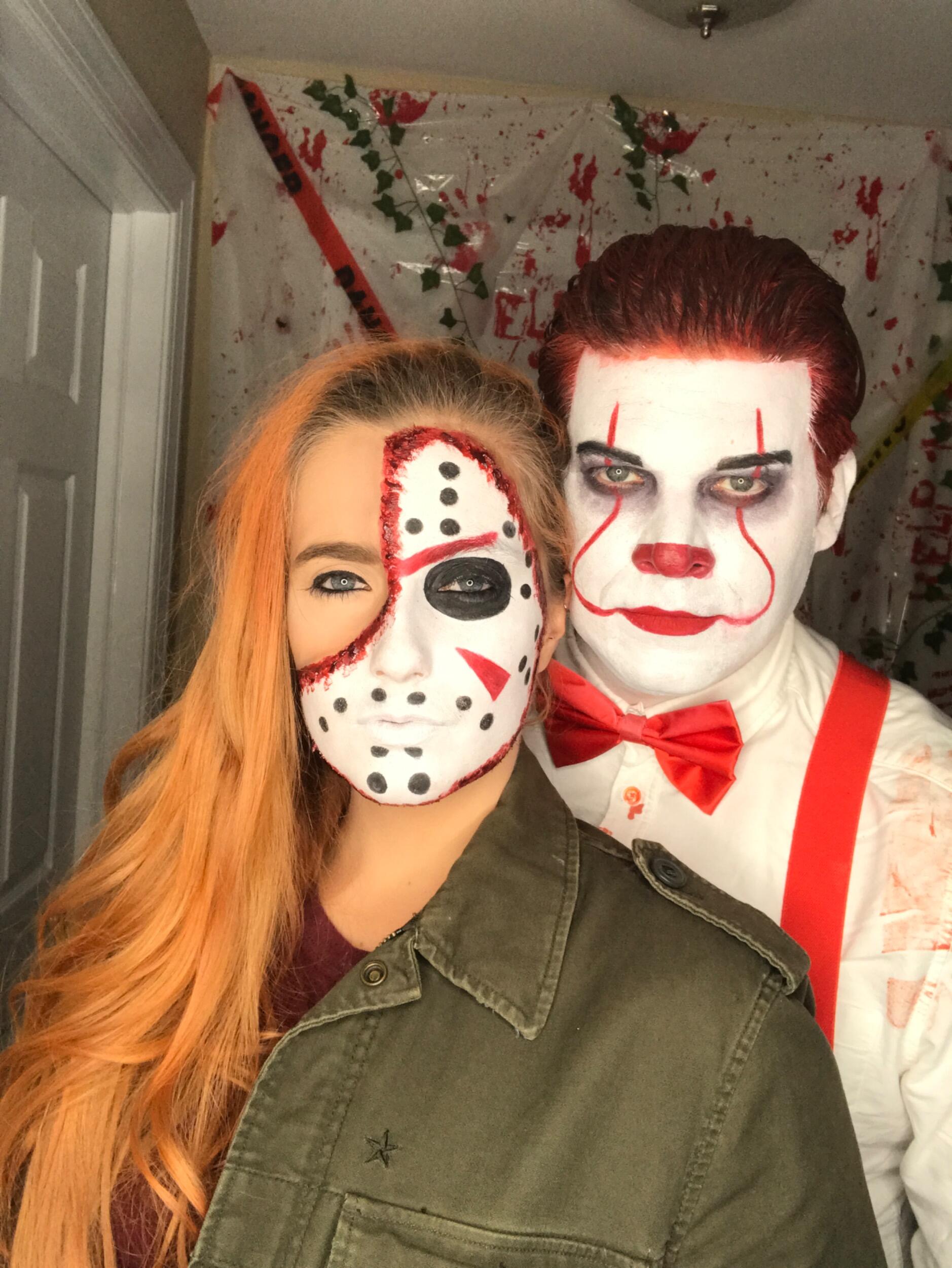 Happy (socially distanced) Halloween! Pilar and Mike's first halloween together featuring Jason Voorhees and Pennywise the clown.