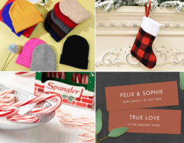 Four winter wedding favor ideas including beanies, stockings, candy canes, bookmarks
