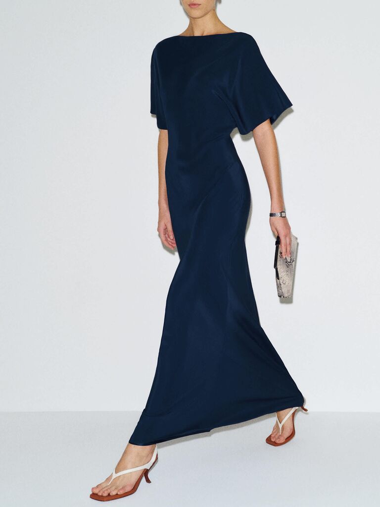 Reformation navy silk rehearsal dinner guest dress