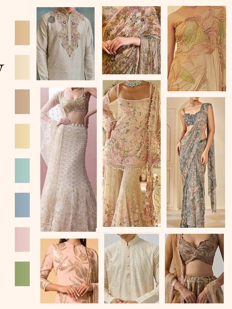 Wedding Ceremony: Bayview at Gallagher Farms. Embrace serene elegance with women in neutral-toned Indian ensembles inspired by florals and men in earthy traditional Indian attire