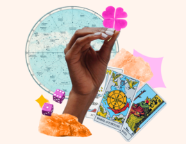 Collage of hand holding four leaf clover with tarot cards, dice, crystals, and astrological wheel