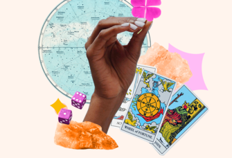 Collage of hand holding four leaf clover with tarot cards, dice, crystals, and astrological wheel