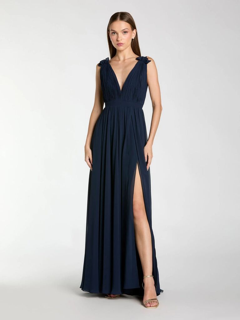 Mac Duggal navy chiffon petite gown