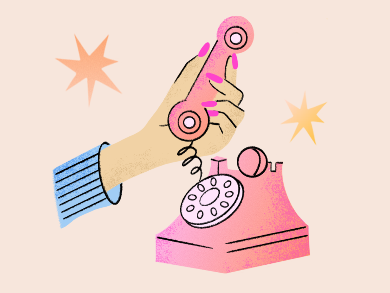 Hand holding a pink rotary phone.