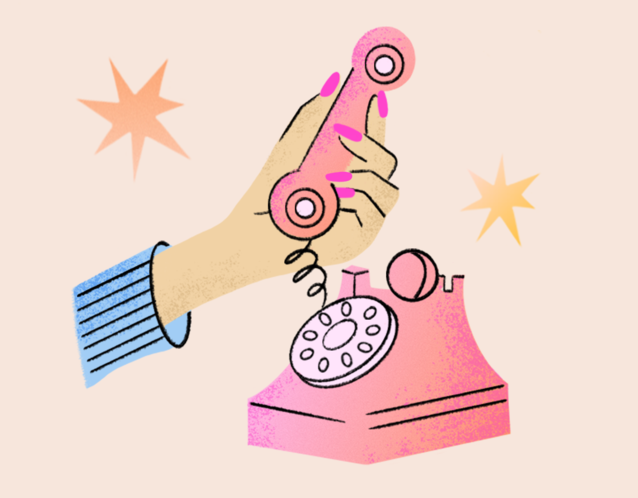 Hand holding a pink rotary phone.