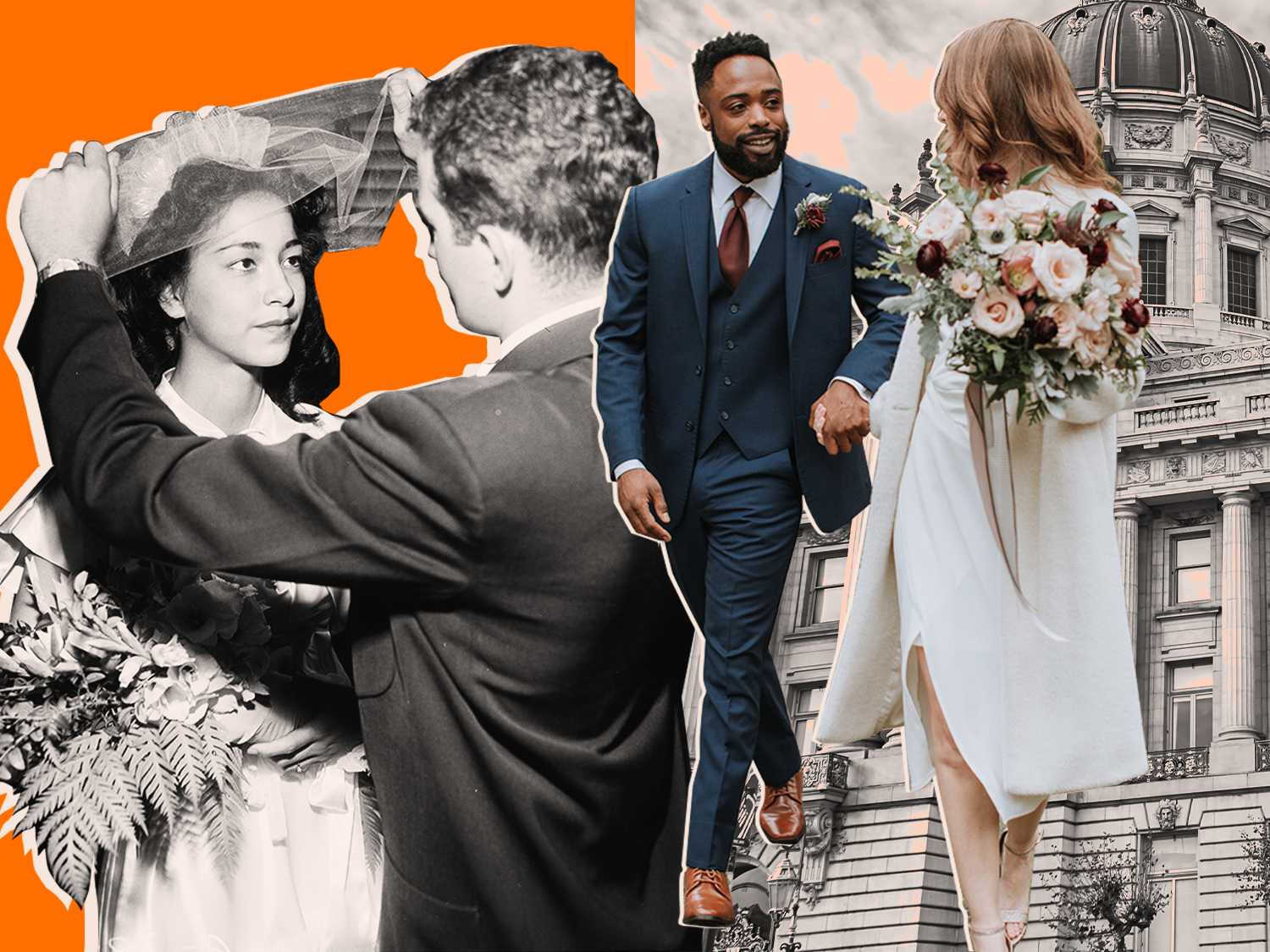collage of vintage and modern couples in front of a courthouse building backdrop