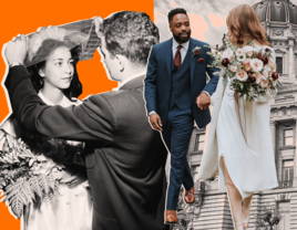 collage of vintage and modern couples in front of a courthouse building backdrop